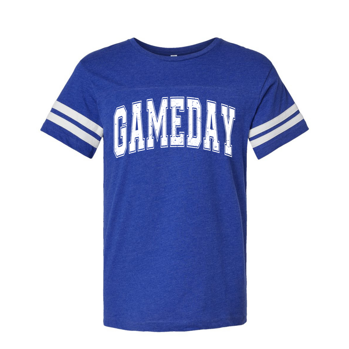 Vintage Royal Game Day football striped-sleeve T-shirt flat lay