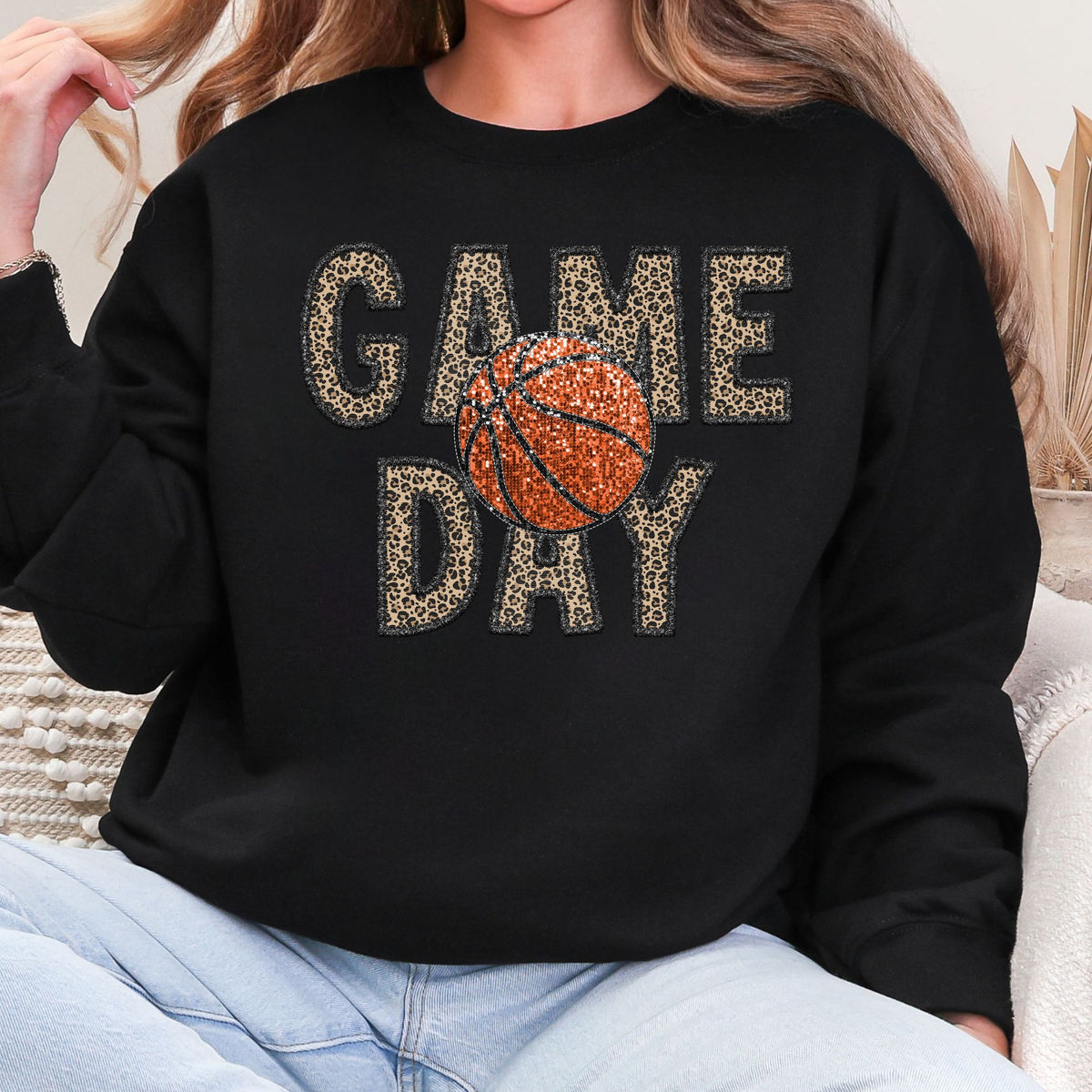 Black crewneck sweatshirt with leopard GAME DAY lettering and orange basketball faux-sequin print