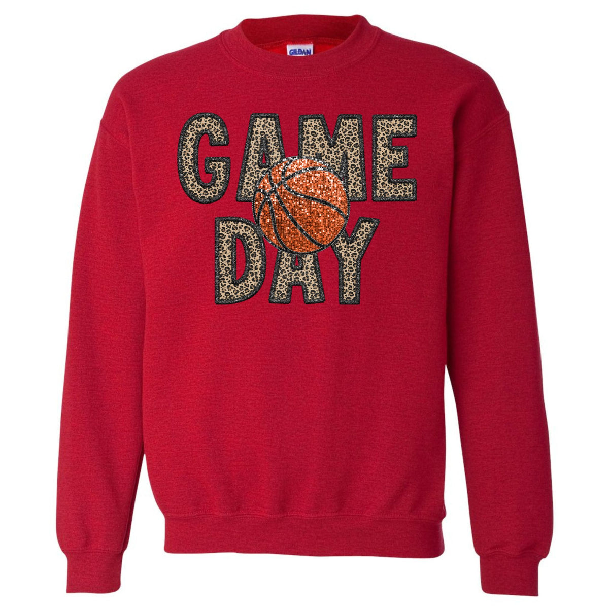 Red reference crewneck sweatshirt with leopard GAME DAY lettering and orange basketball faux-sequin print