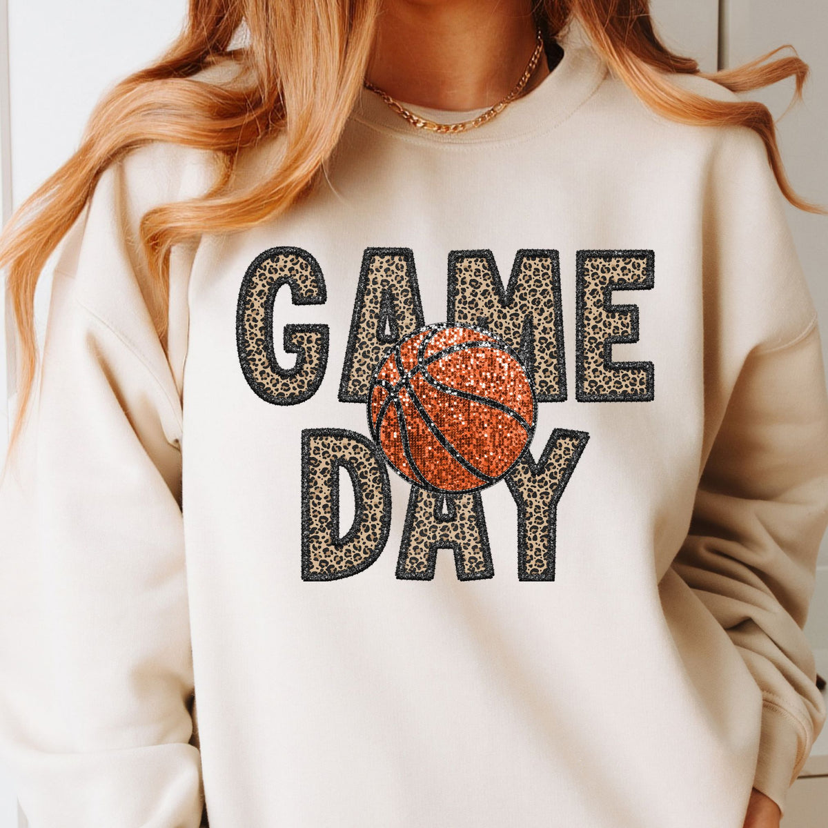 Sand crewneck sweatshirt with leopard GAME DAY lettering and orange basketball faux-sequin print