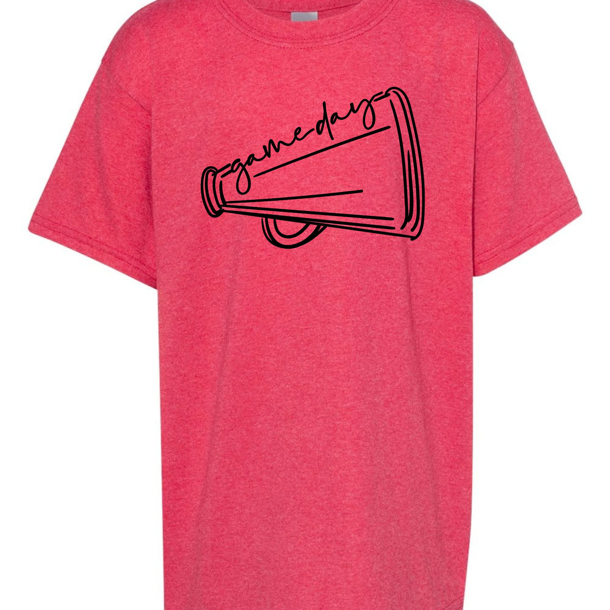 Heather Red Game Day Megaphone Gildan 5000B youth tee flat lay