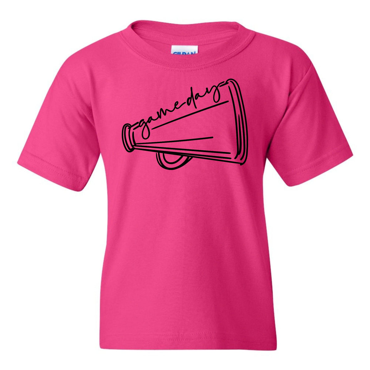 Heliconia Game Day Megaphone Gildan 5000B youth tee flat lay