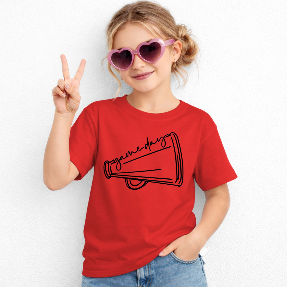 Girl wearing red Game Day Megaphone Gildan 5000B youth tee