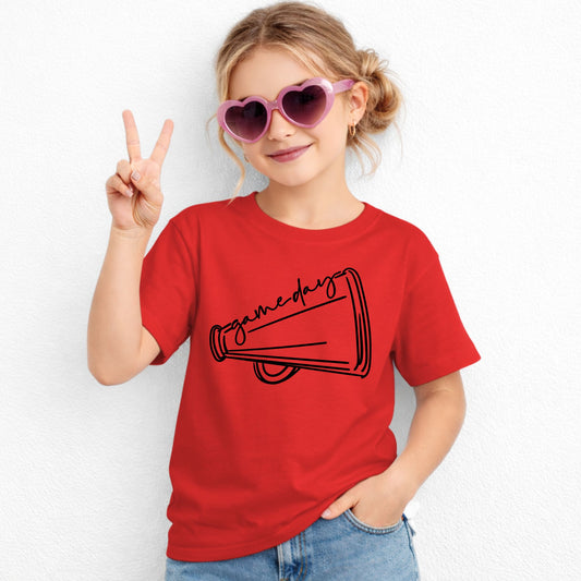 Girl wearing red Game Day Megaphone Gildan 5000B youth tee