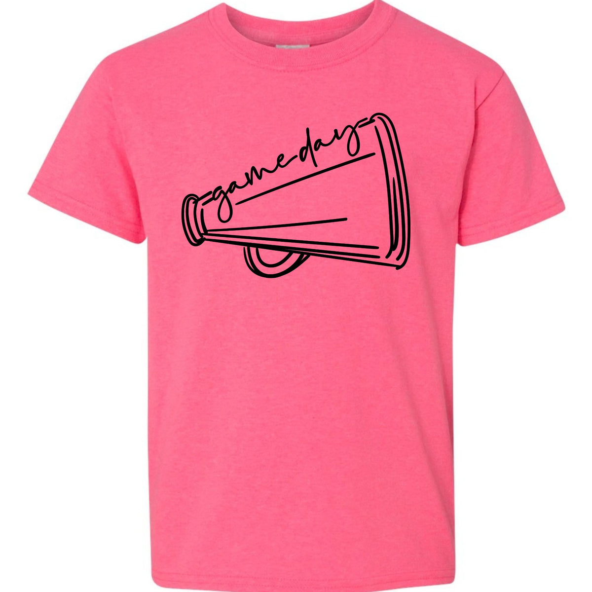 Safety Pink Game Day Megaphone Gildan 5000B youth tee flat lay