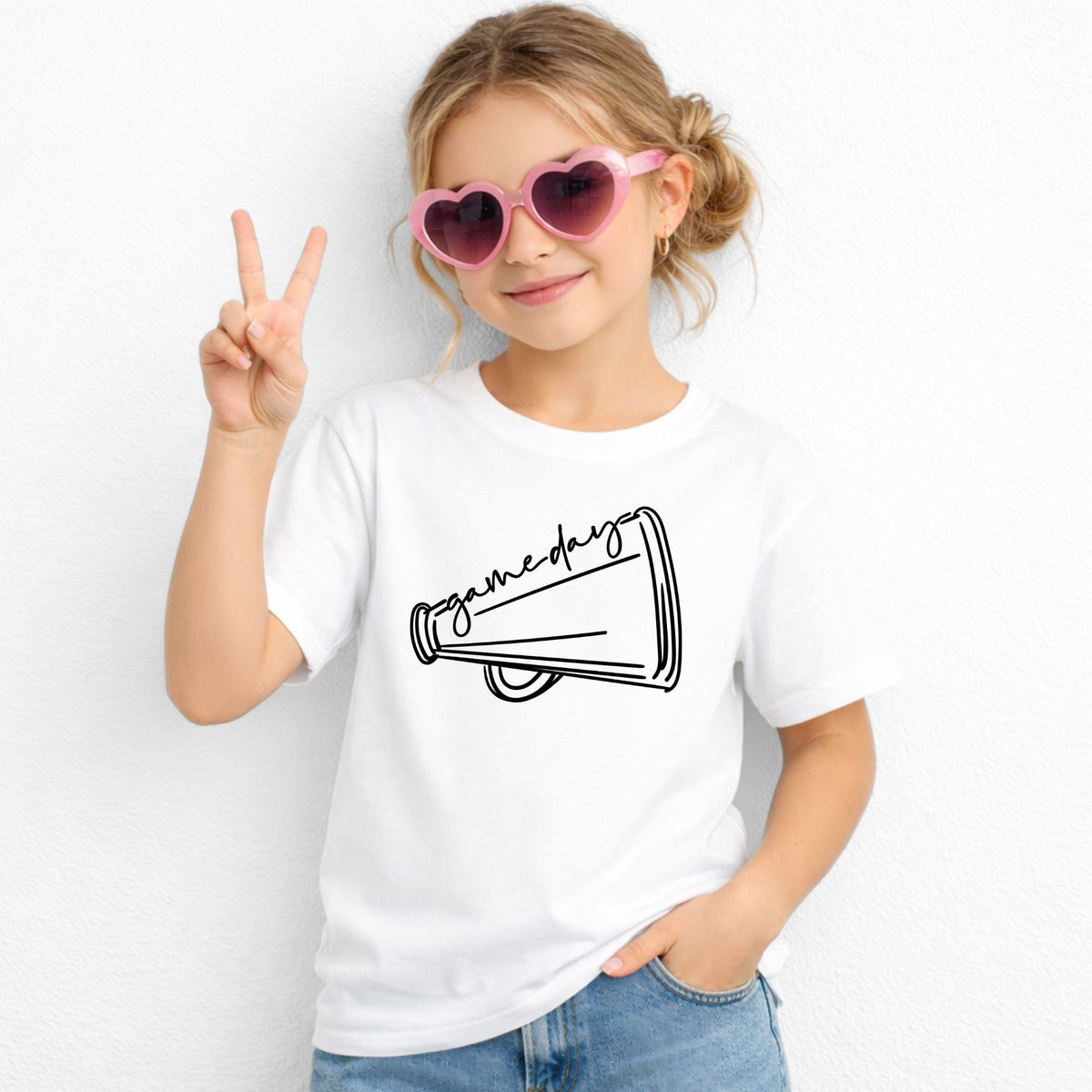 Girl wearing white Game Day Megaphone Gildan 5000B youth tee