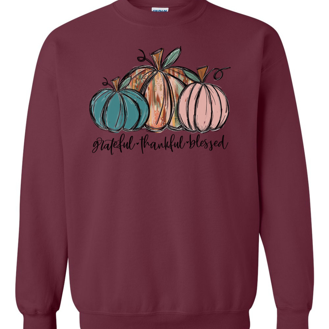 Grateful Thankful Blessed Three Painted Pumpkins Fall Sweatshirt