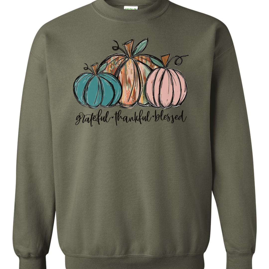 Grateful Thankful Blessed Three Painted Pumpkins Fall Sweatshirt