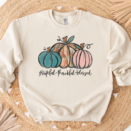 Grateful Thankful Blessed Three Painted Pumpkins Fall Sweatshirt