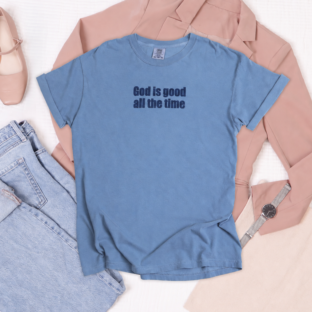 Blue T-shirt with navy God Is Good All the Time lettering, view 1