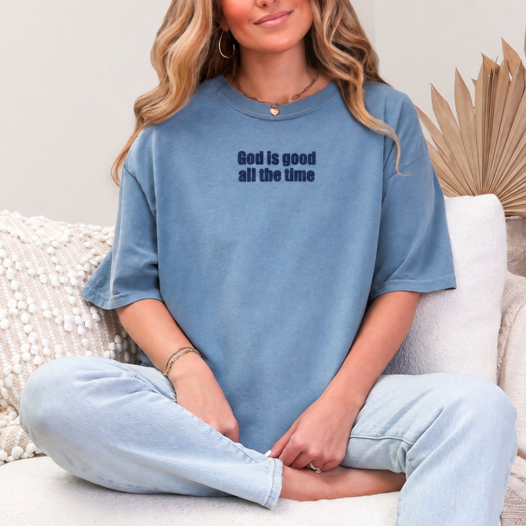 Blue T-shirt with navy God Is Good All the Time lettering, view 2