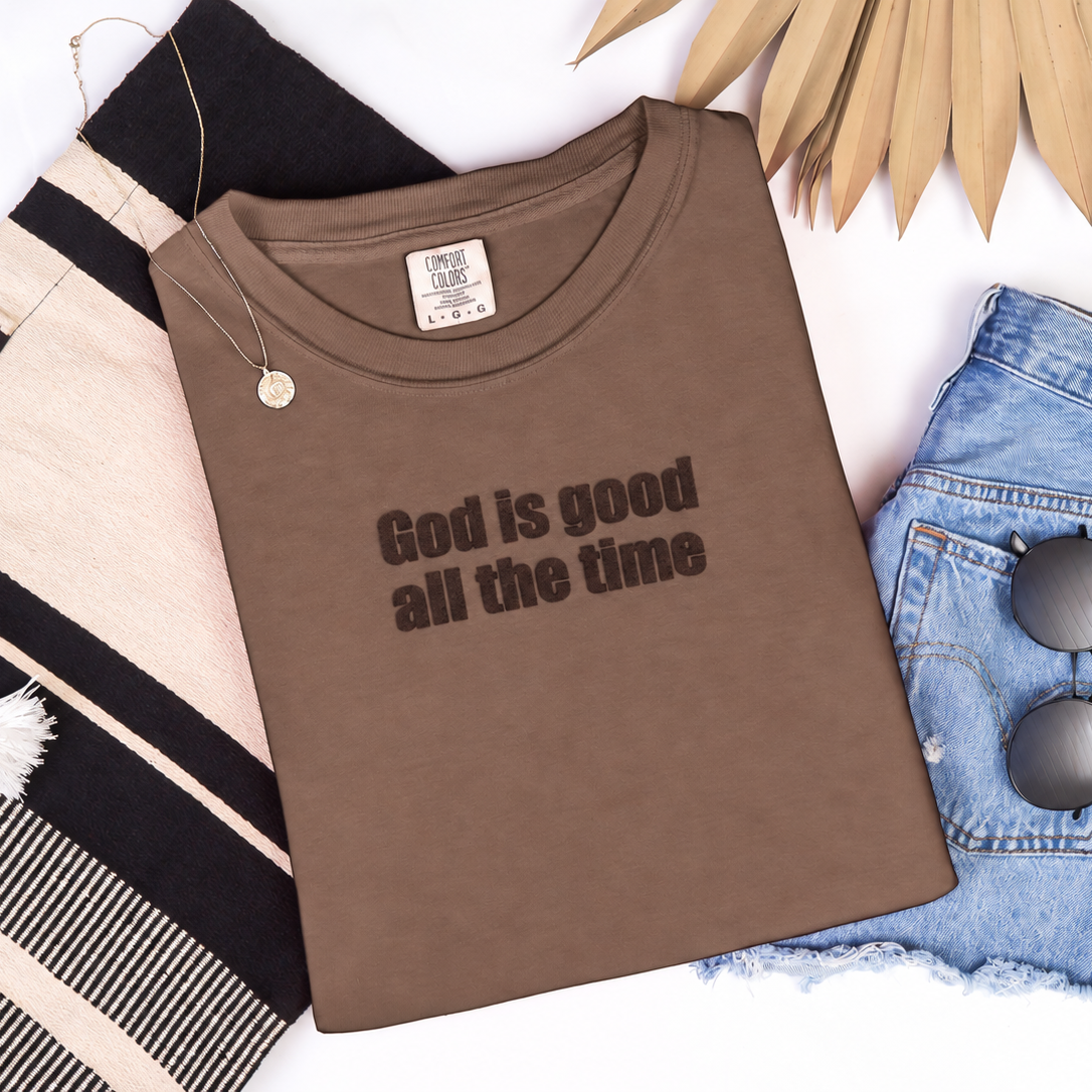 Brown T-shirt with tonal brown God Is Good All the Time lettering, view 1
