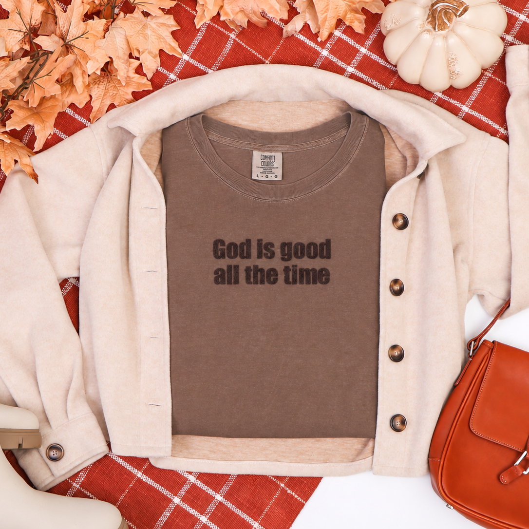 Brown T-shirt with tonal brown God Is Good All the Time lettering, view 2