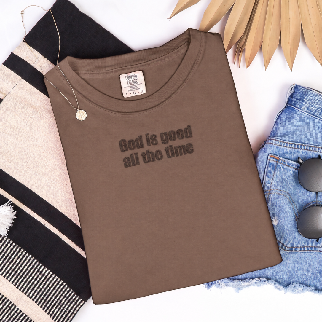 Brown T-shirt with tonal brown God Is Good All the Time lettering, view 3