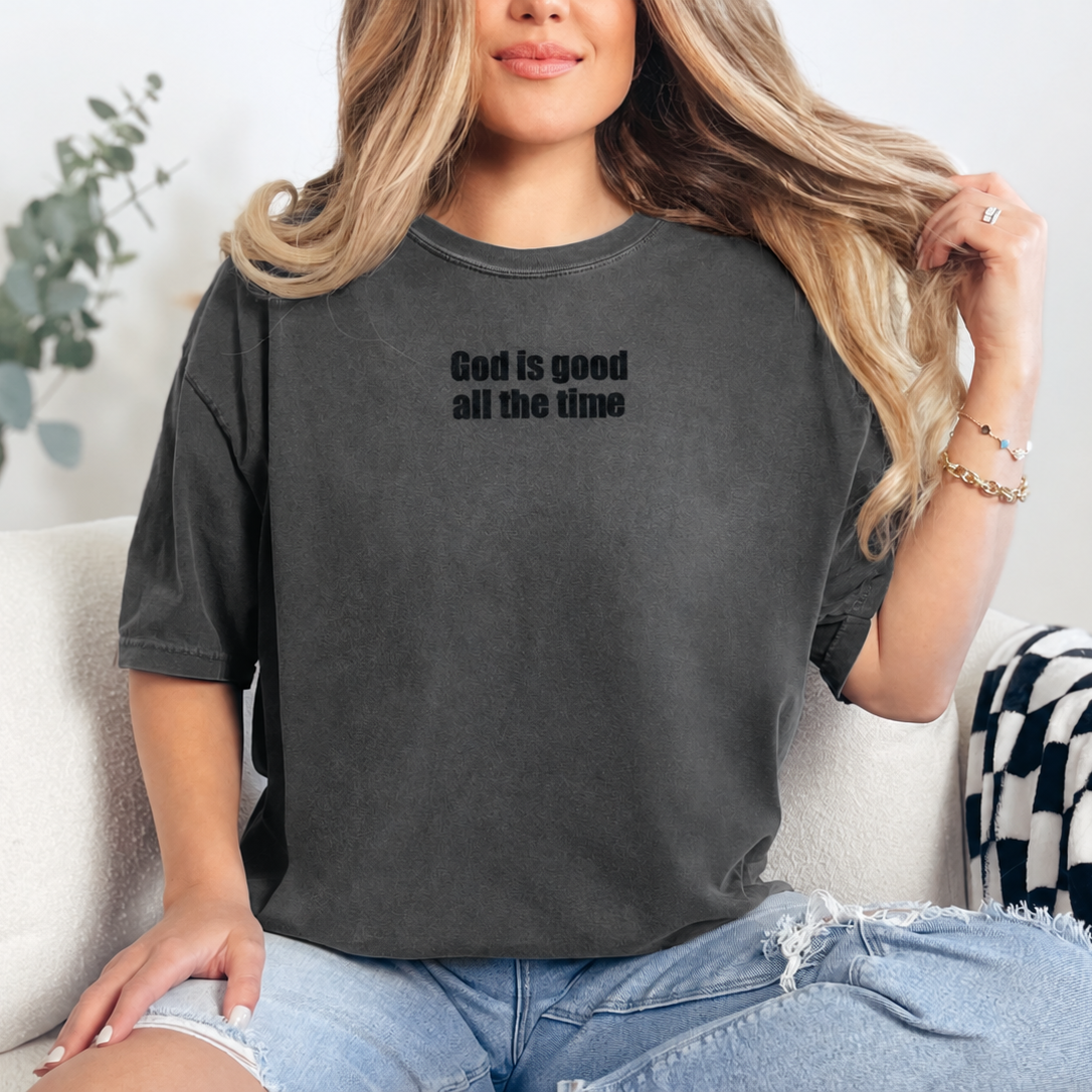 Charcoal T-shirt with black God Is Good All the Time lettering, view 1