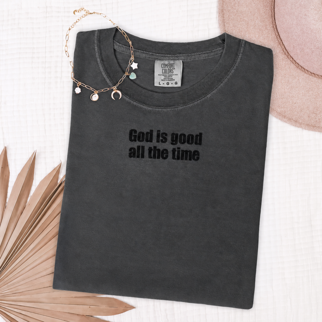 Charcoal T-shirt with black God Is Good All the Time lettering, view 3