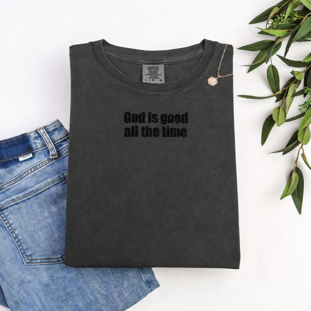 Charcoal T-shirt with black God Is Good All the Time lettering, view 4