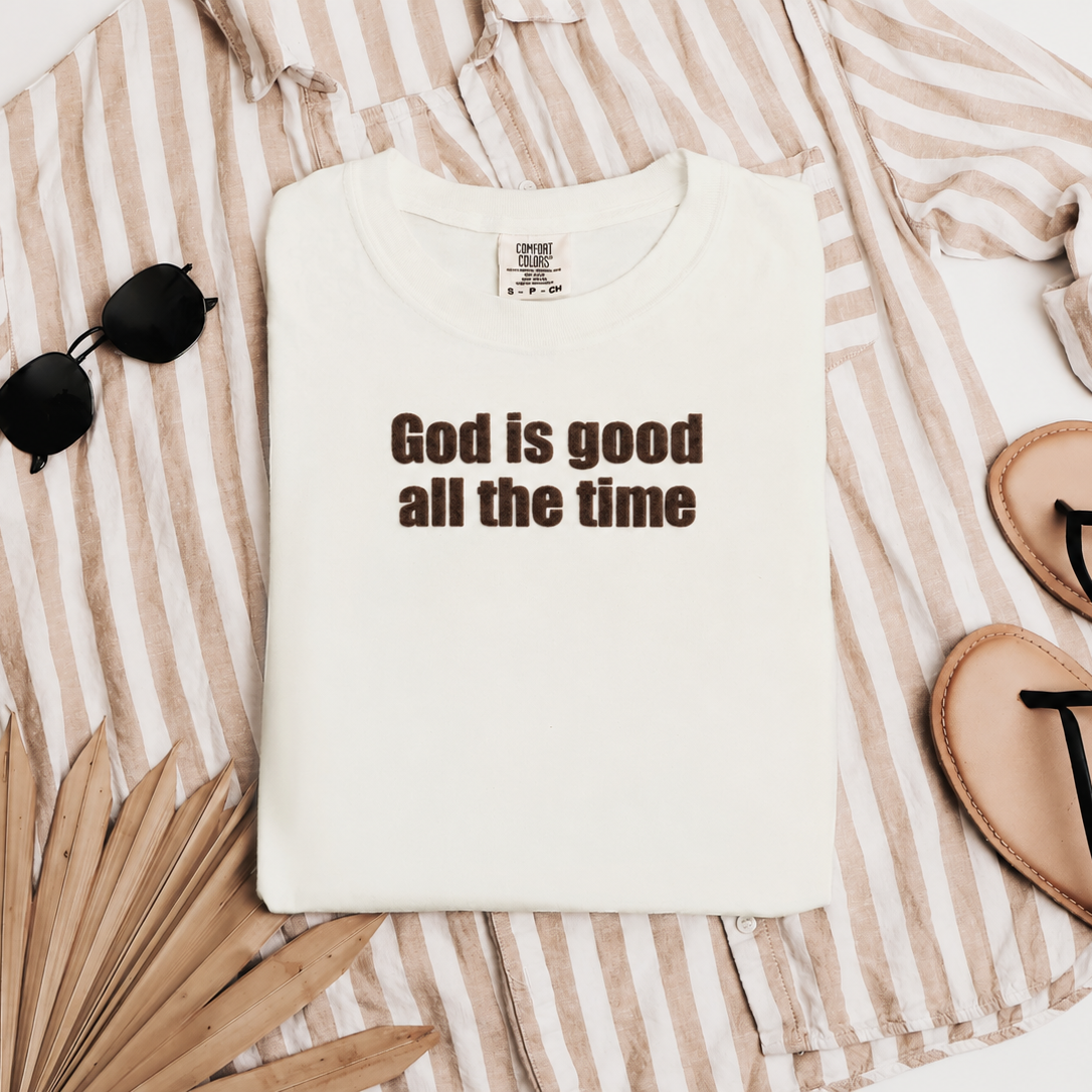 Cream T-shirt with brown God Is Good All the Time lettering, view 1