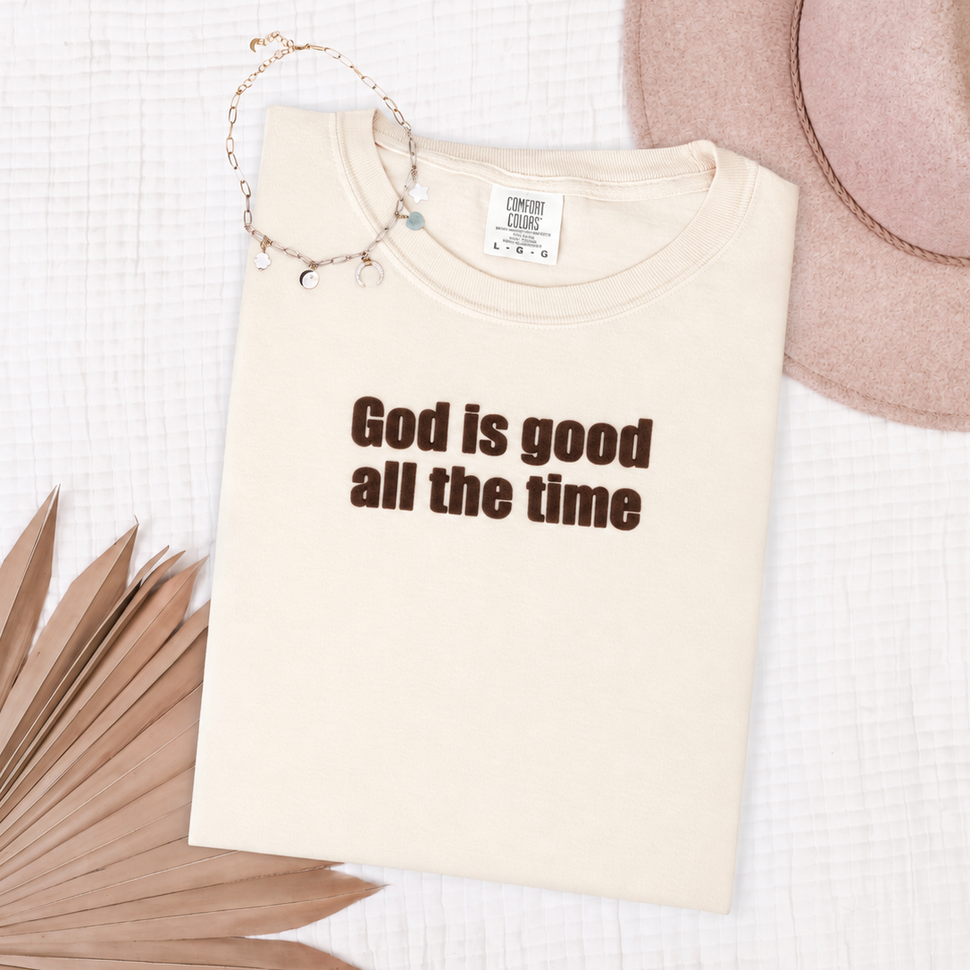 Cream T-shirt with brown God Is Good All the Time lettering, view 3