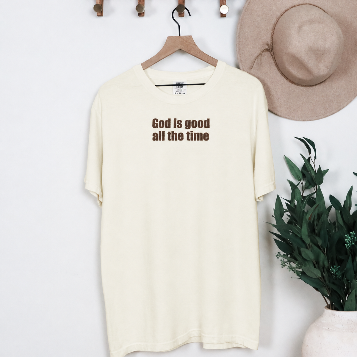 Cream T-shirt with brown God Is Good All the Time lettering, view 4