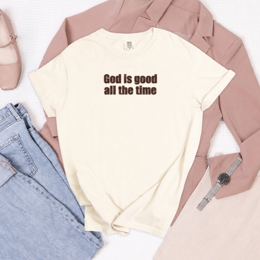 Cream T-shirt with brown God Is Good All the Time lettering, view 5