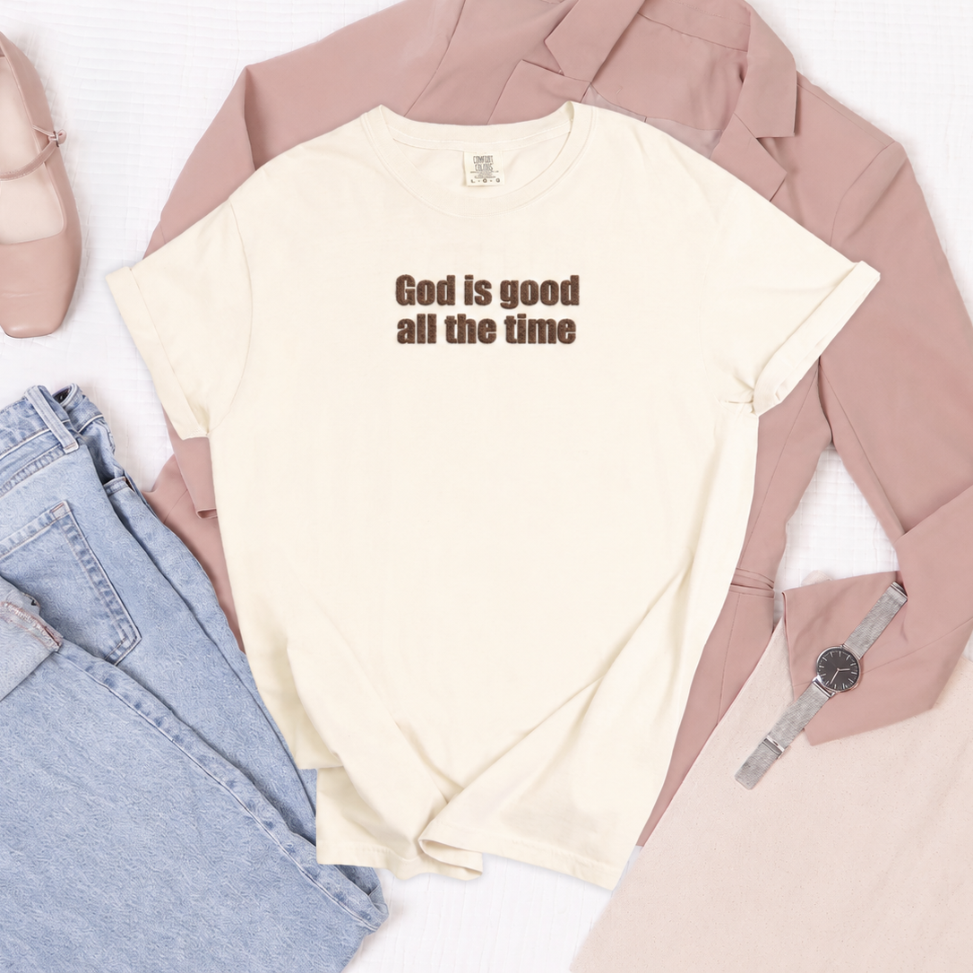Cream T-shirt with brown God Is Good All the Time lettering, view 6