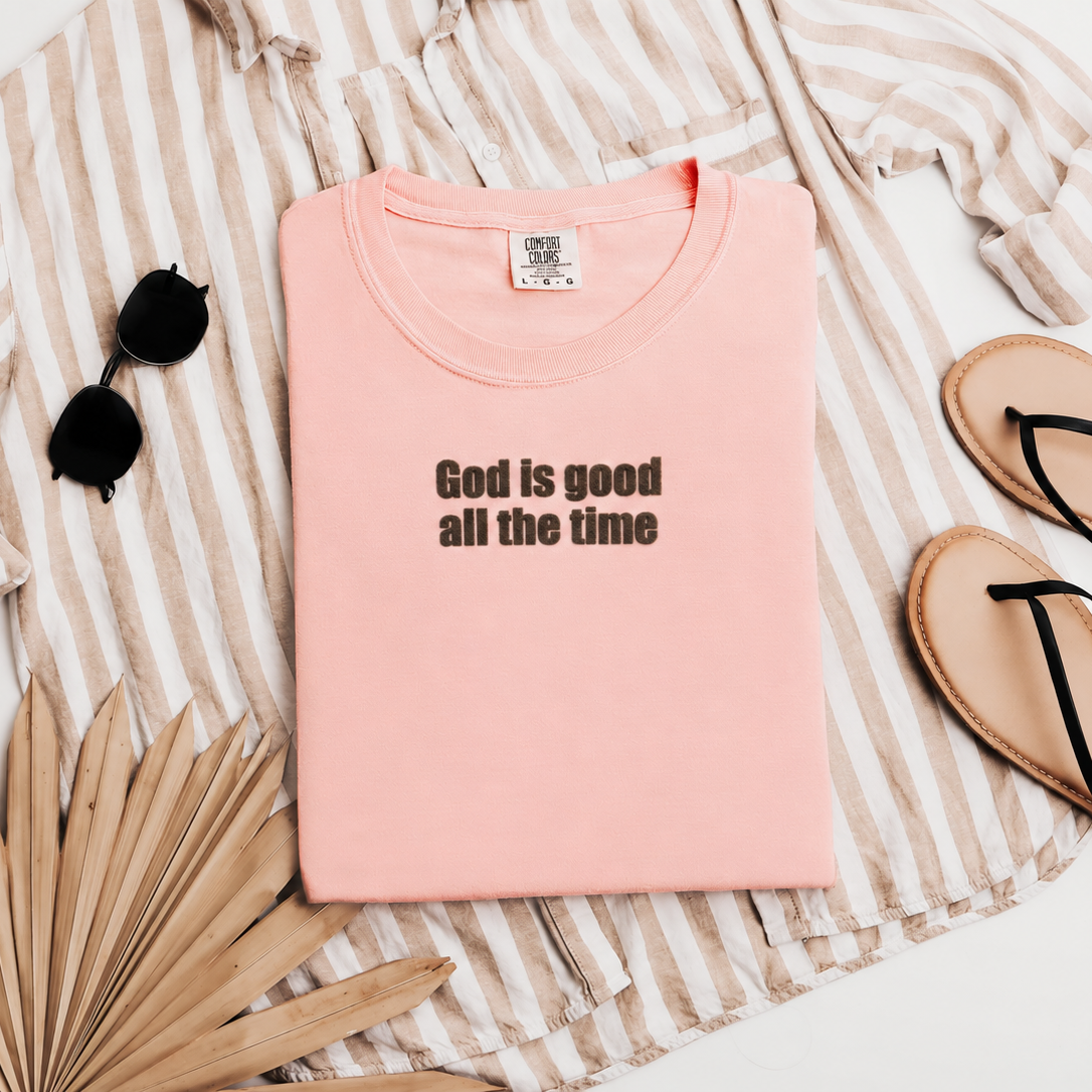 Peach T-shirt with brown God Is Good All the Time lettering, view 1