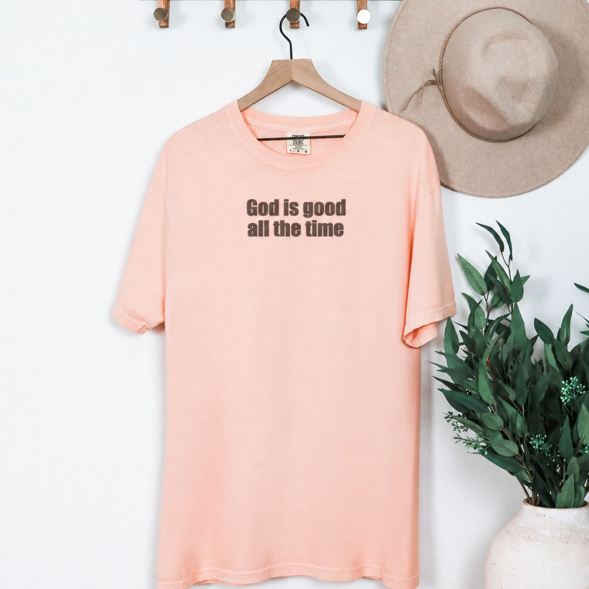 Peach T-shirt with brown God Is Good All the Time lettering, view 2