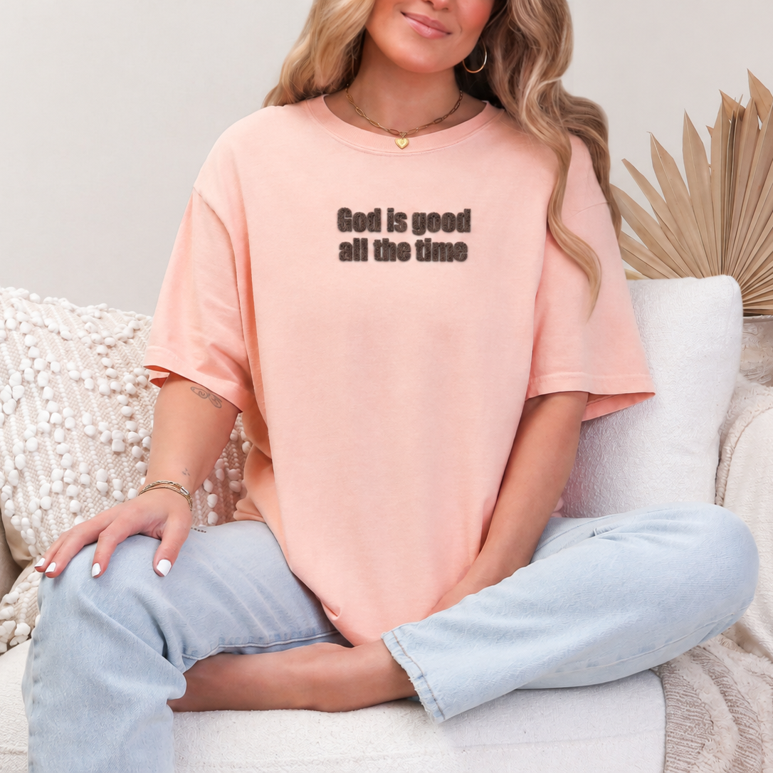 Peach T-shirt with brown God Is Good All the Time lettering, view 3