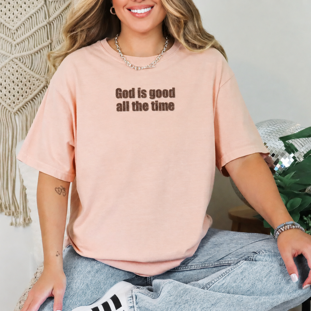Peach T-shirt with brown God Is Good All the Time lettering, view 4