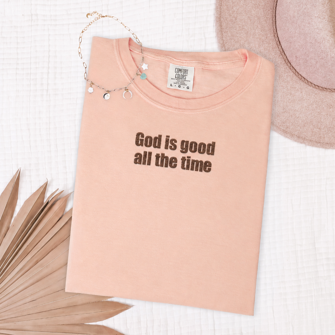 Peach T-shirt with brown God Is Good All the Time lettering, view 5
