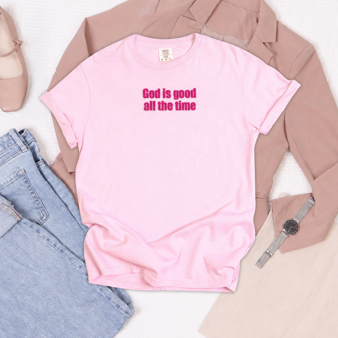 Pink T-shirt with hot pink God Is Good All the Time lettering, view 1