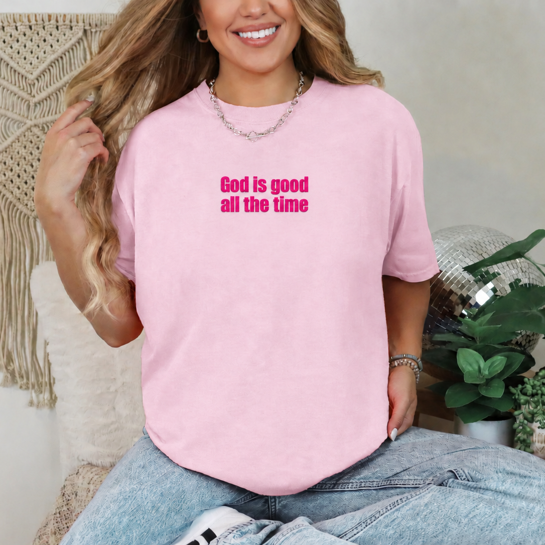 Pink T-shirt with hot pink God Is Good All the Time lettering, view 2