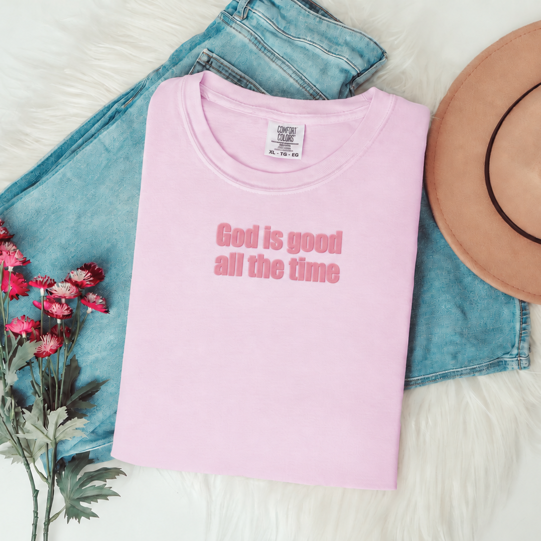 Pink T-shirt with tonal pink God Is Good All the Time lettering, view 1