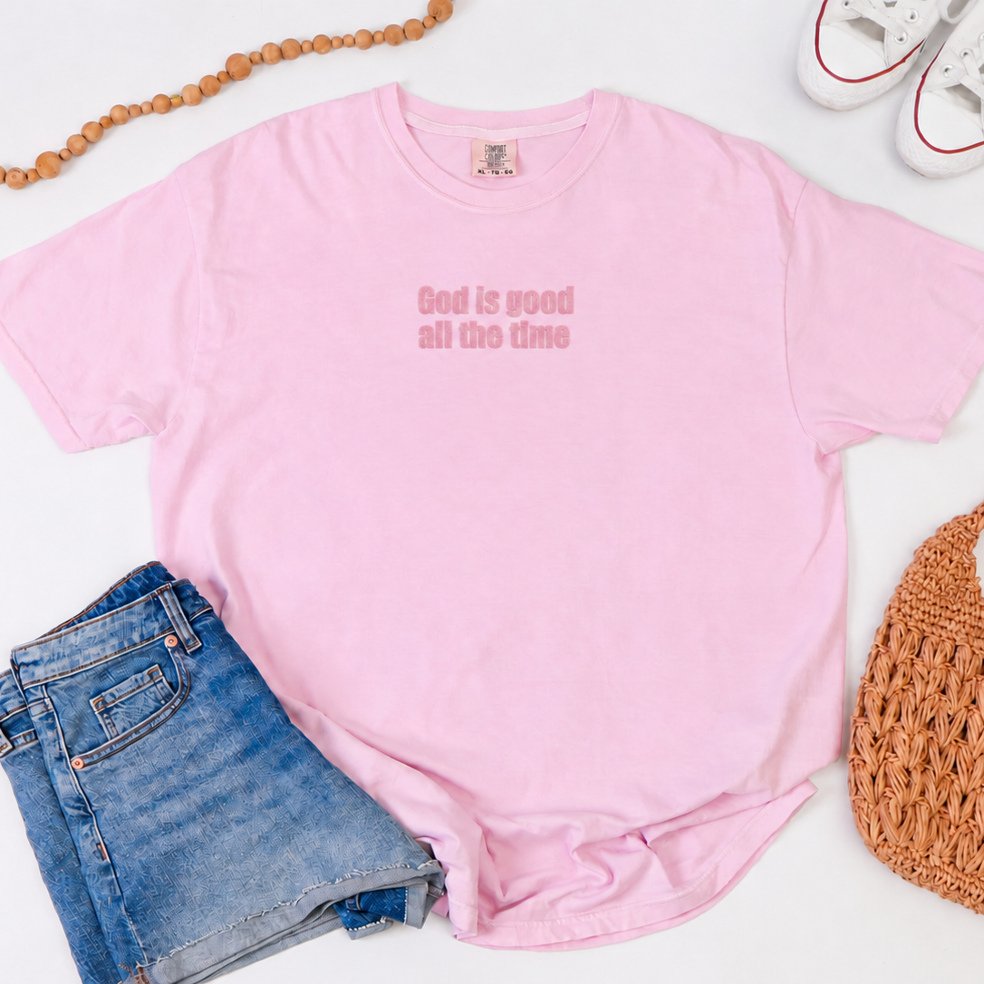 Pink T-shirt with tonal pink God Is Good All the Time lettering, view 2