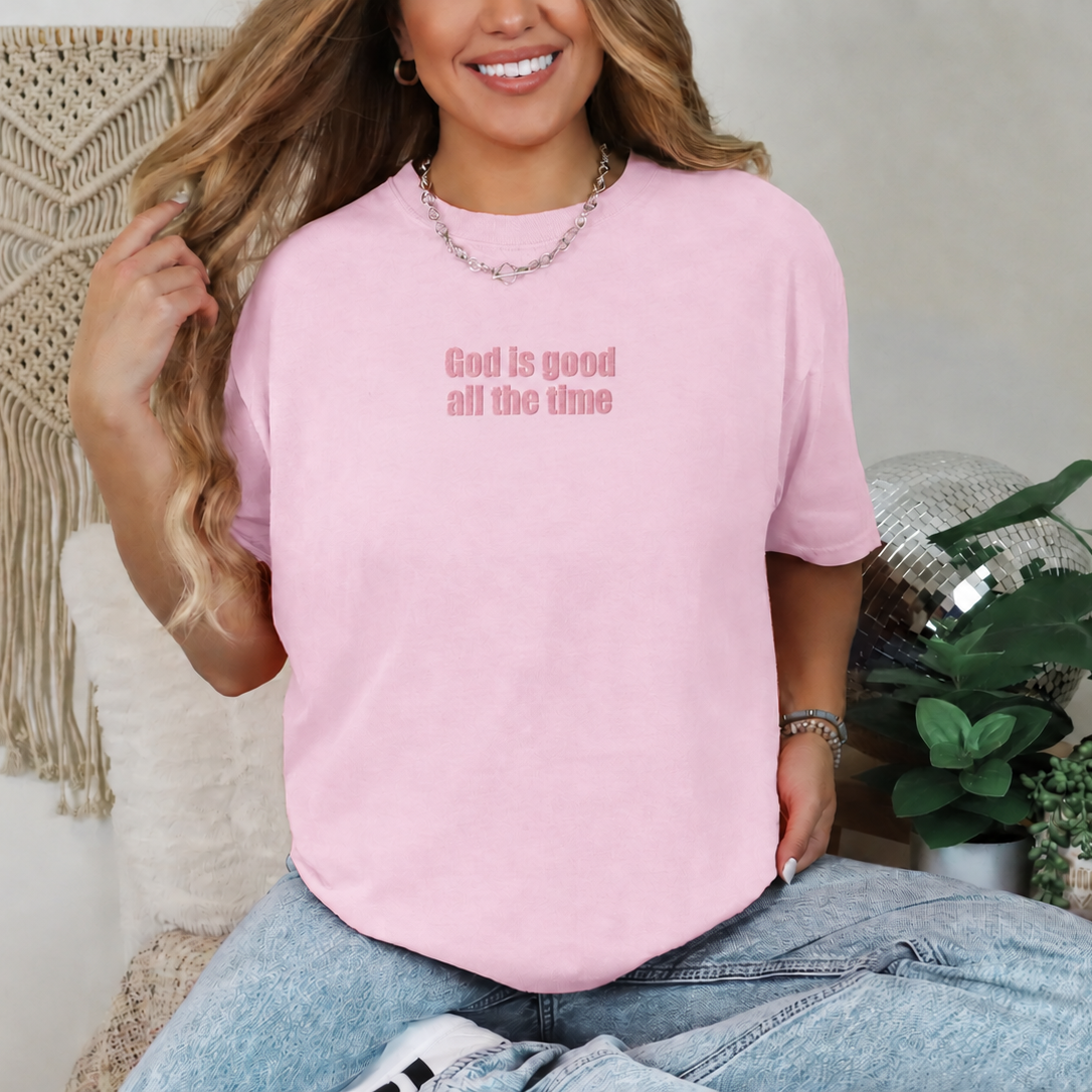 Pink T-shirt with tonal pink God Is Good All the Time lettering, view 3