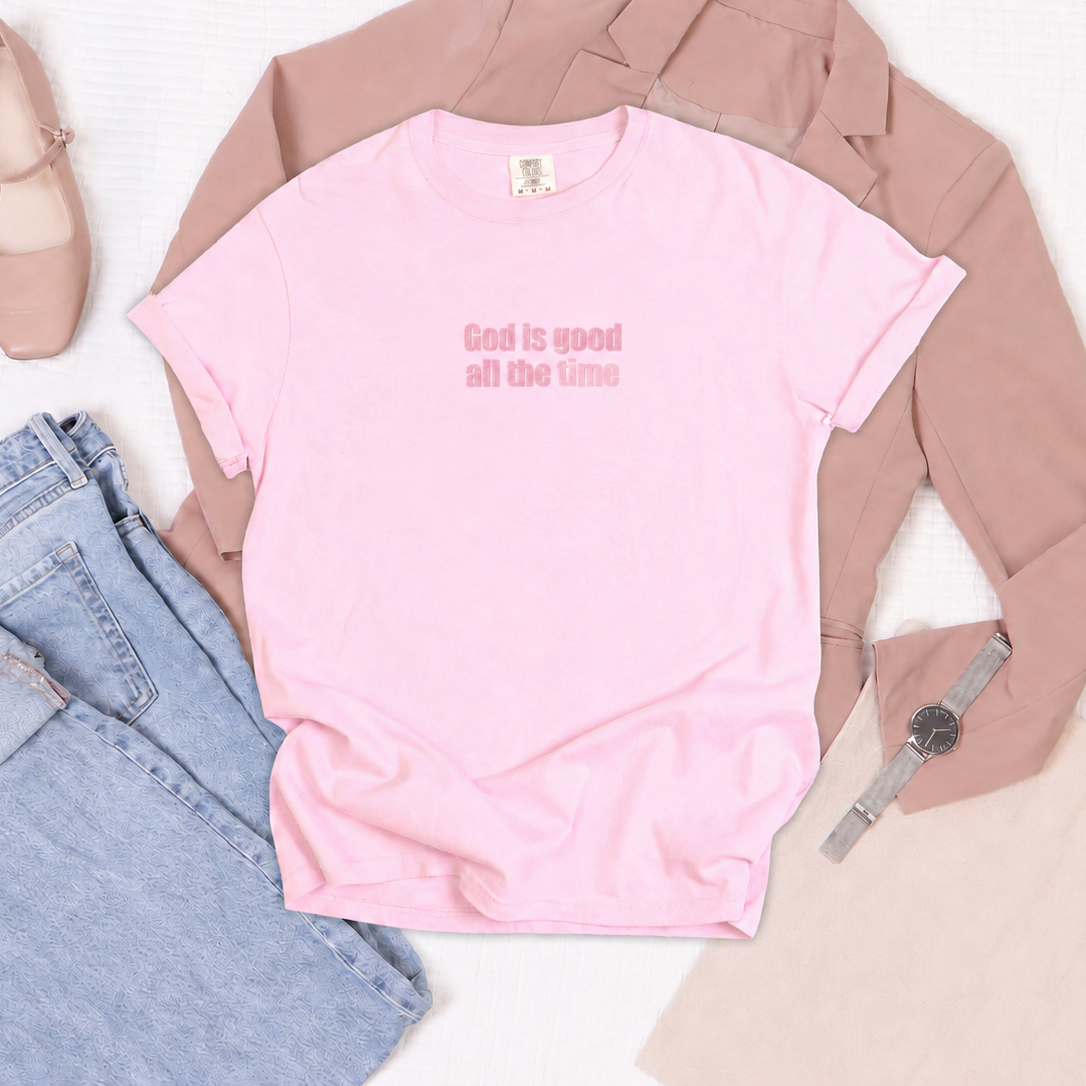 Pink T-shirt with tonal pink God Is Good All the Time lettering, view 4