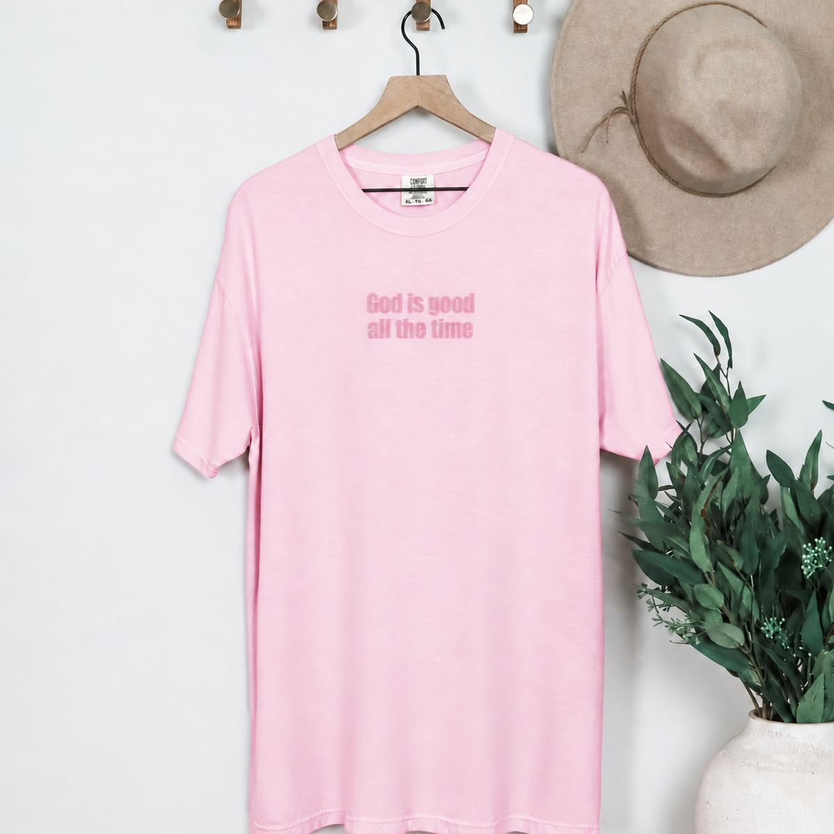Pink T-shirt with tonal pink God Is Good All the Time lettering, view 5