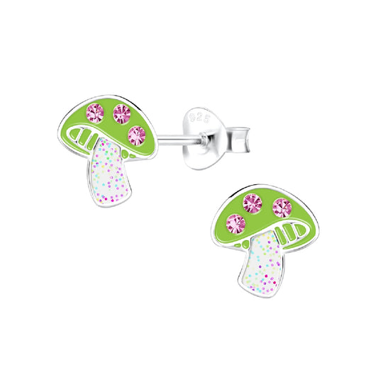 Green Mushroom Glitter and Rhinestone Sterling Silver Earrings