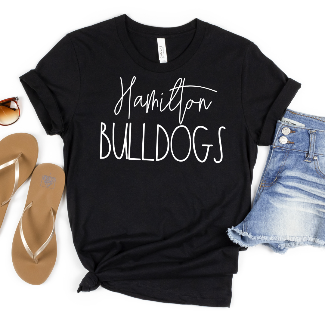 Hamilton Bulldogs script T-shirt in Black, flat-lay view