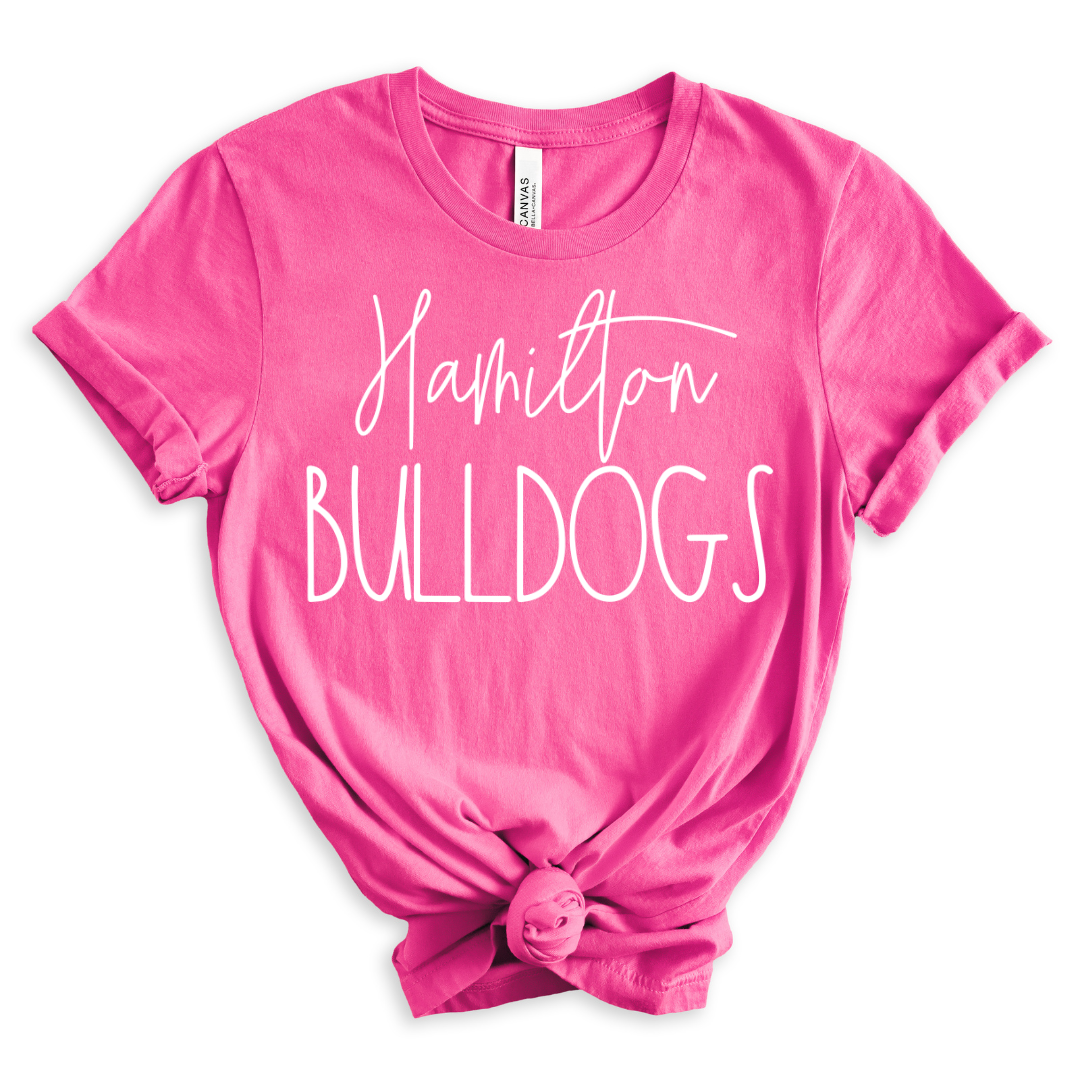Hamilton Bulldogs script T-shirt in Charity Pink, flat-lay view