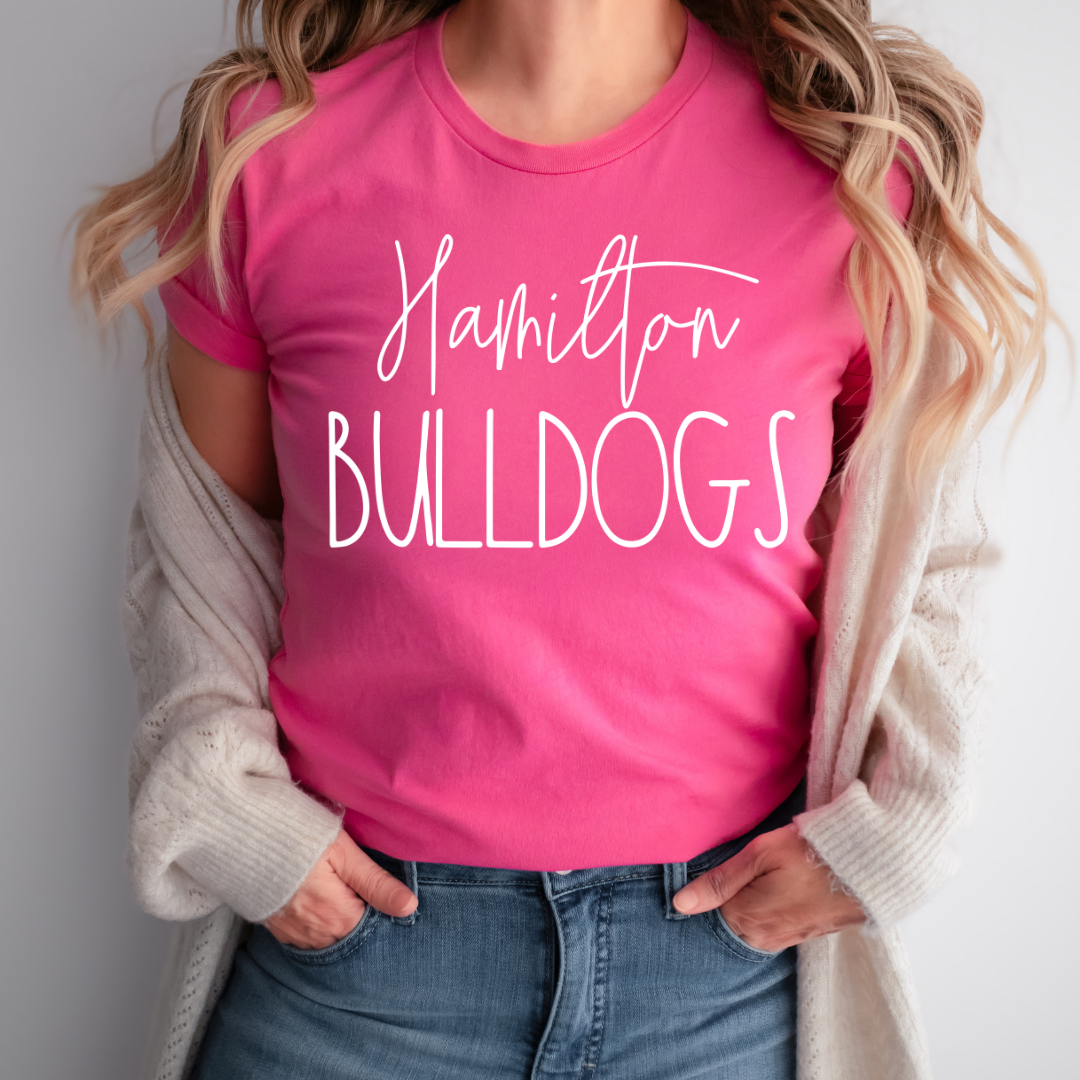 Hamilton Bulldogs script T-shirt in Charity Pink, lifestyle view