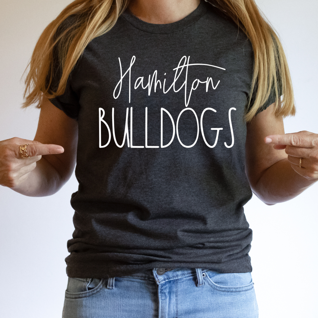 Hamilton Bulldogs script T-shirt in Dark Grey, lifestyle view