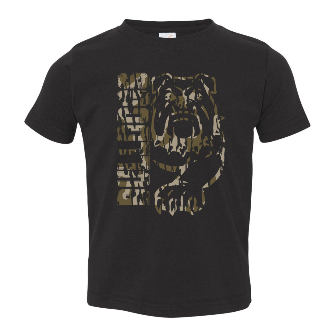 Hamilton Bulldogs camo bulldog toddler T-shirt in Black flat lay