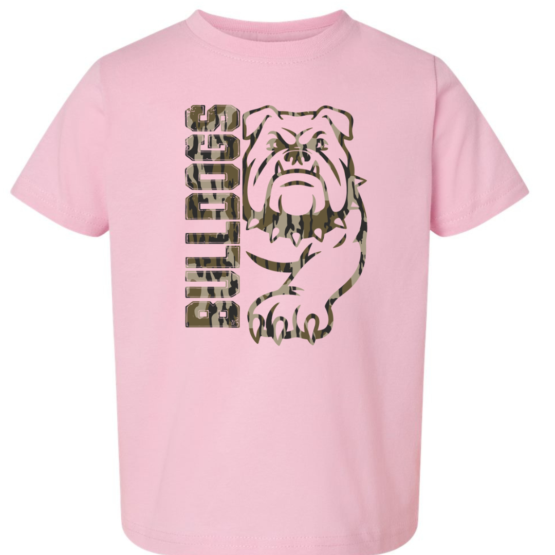 Hamilton Bulldogs camo bulldog toddler T-shirt in Pink flat lay