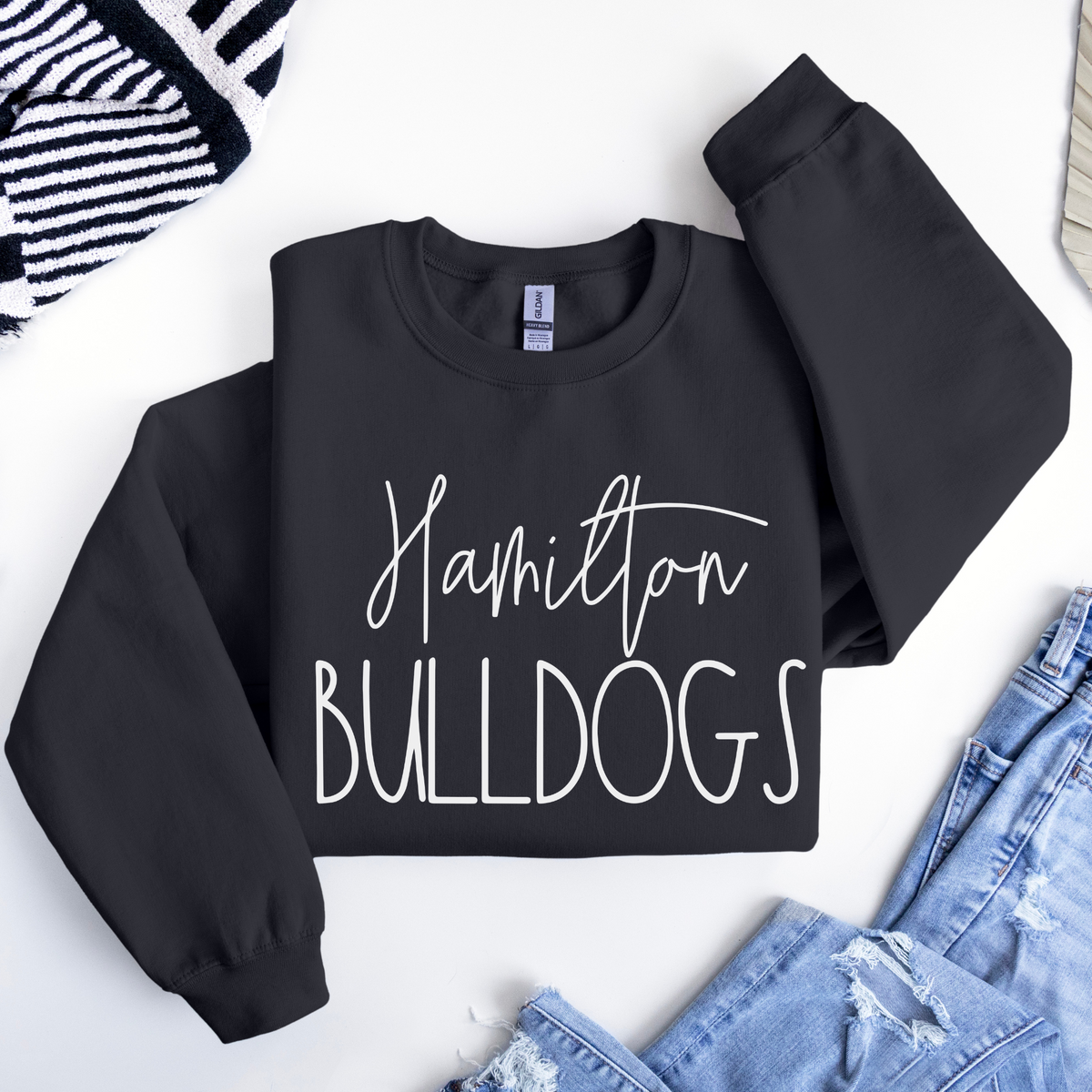 Black Gildan 18000 Hamilton Bulldogs script sweatshirt flat lay