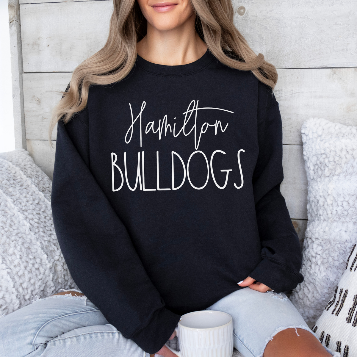 Black Gildan 18000 Hamilton Bulldogs script sweatshirt lifestyle