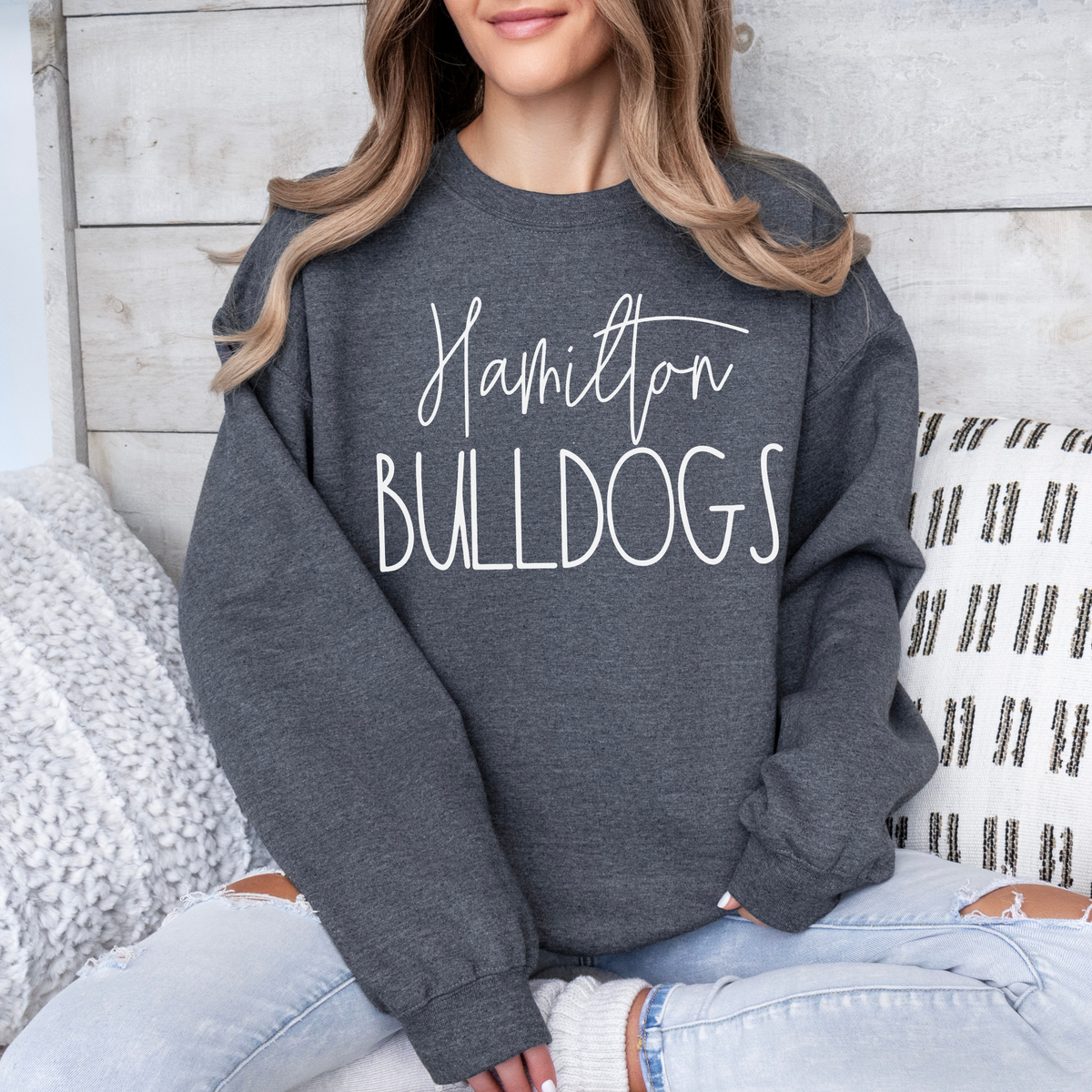 Dark Heather Grey Gildan 18000 Hamilton Bulldogs script sweatshirt lifestyle