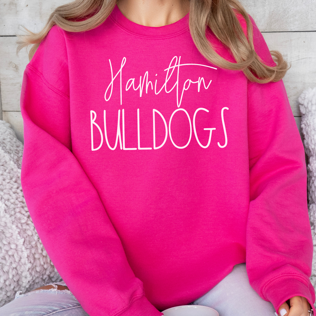 Heliconia Gildan 18000 Hamilton Bulldogs script sweatshirt lifestyle