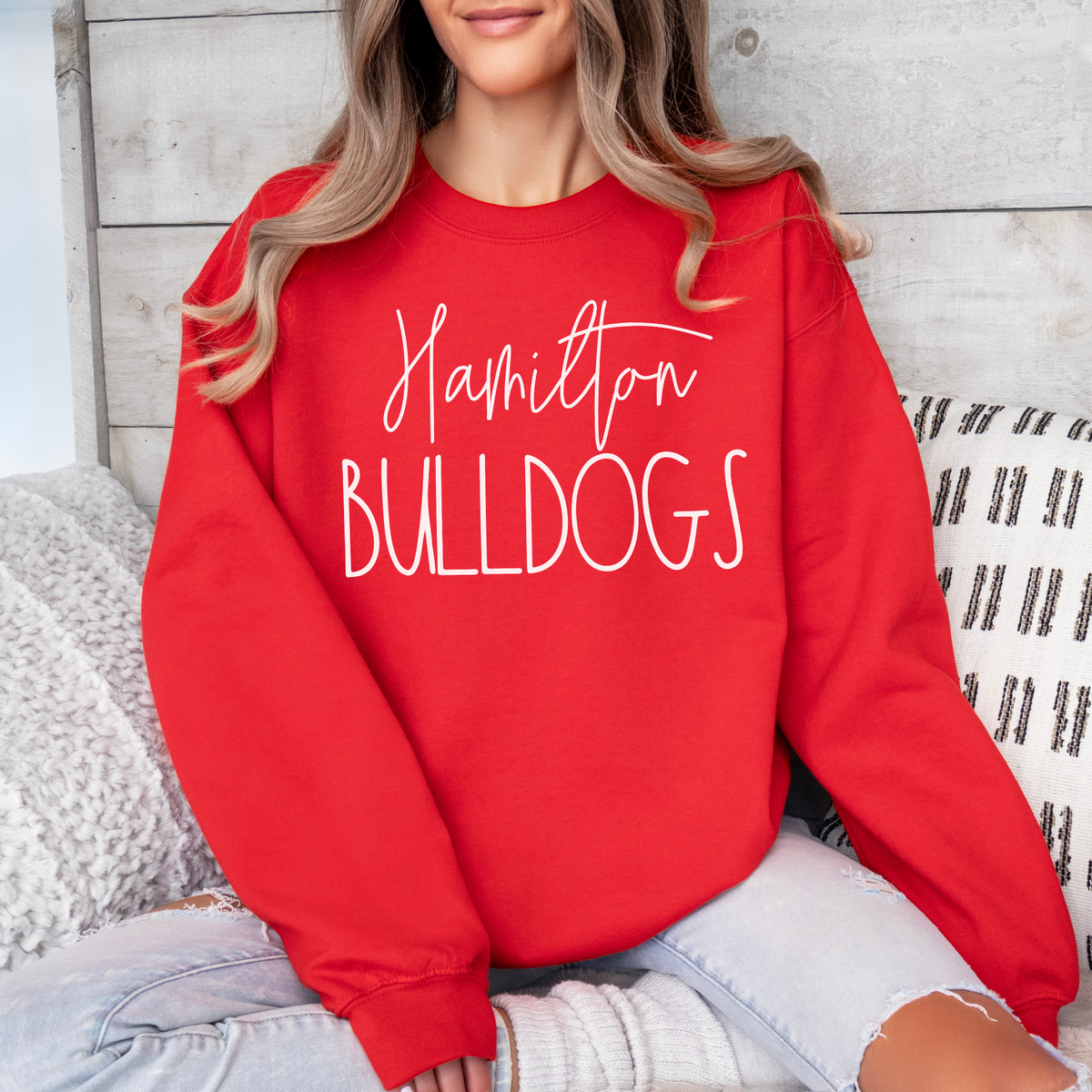 Red Gildan 18000 Hamilton Bulldogs script sweatshirt lifestyle
